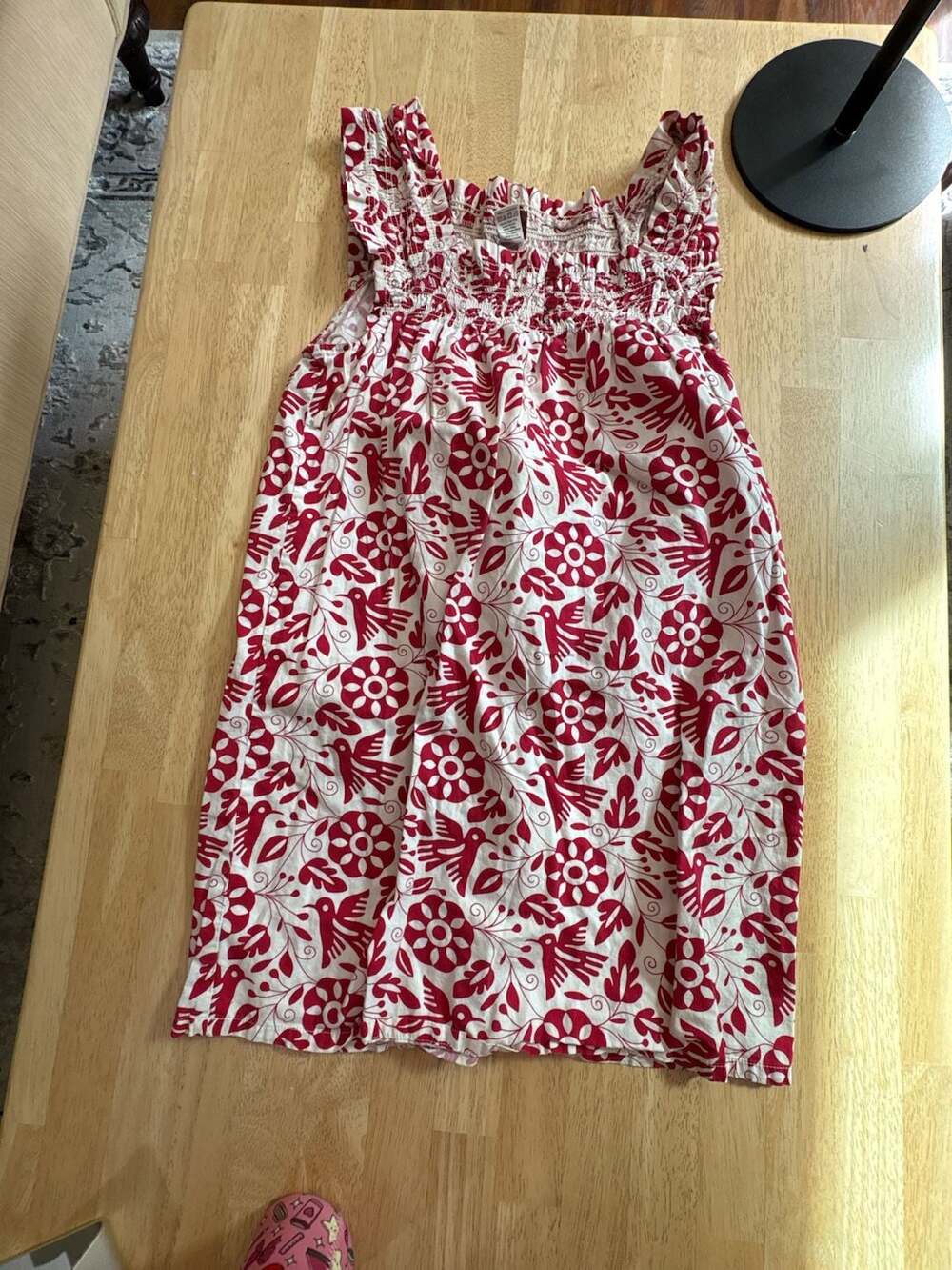 Tea Collection Red and White Floral Bird Print Smocked Cotton Dress Size 8